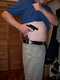 with the shirt out of the way, the concealed gun has a clear path to the target