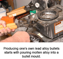 Producing one’s own bullet lead starts with pouring molten alloy into a bullet mould
