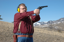 The Author firing his Uberti copy of the SW 3rd Model .44 Russian.