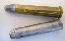 45-70 case necked to 11 mm for drilling shown with chamber cast