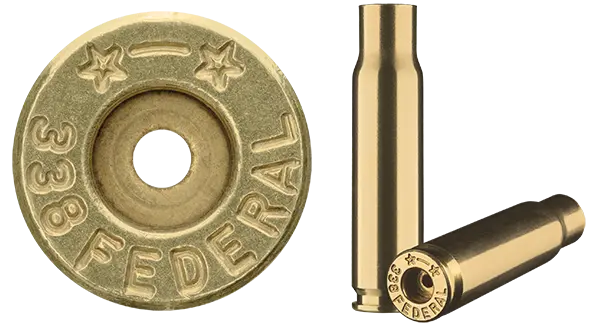 338 Federal Special brass case used to make ammunition.