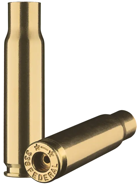 338 Federal Special brass case used to make ammunition.